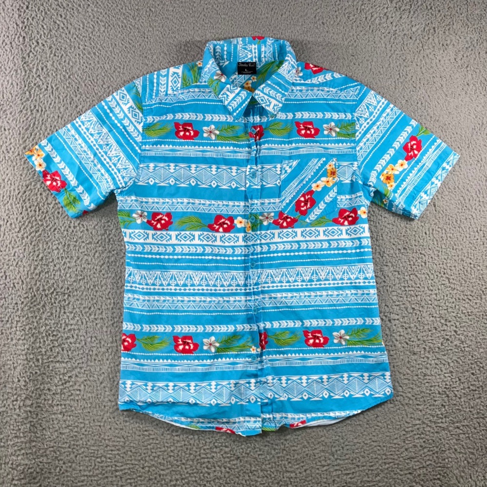 Tribal Print Hawaiian Shirt Men L Blue Tropical Hibiscus S/S Resort Vaca Beach